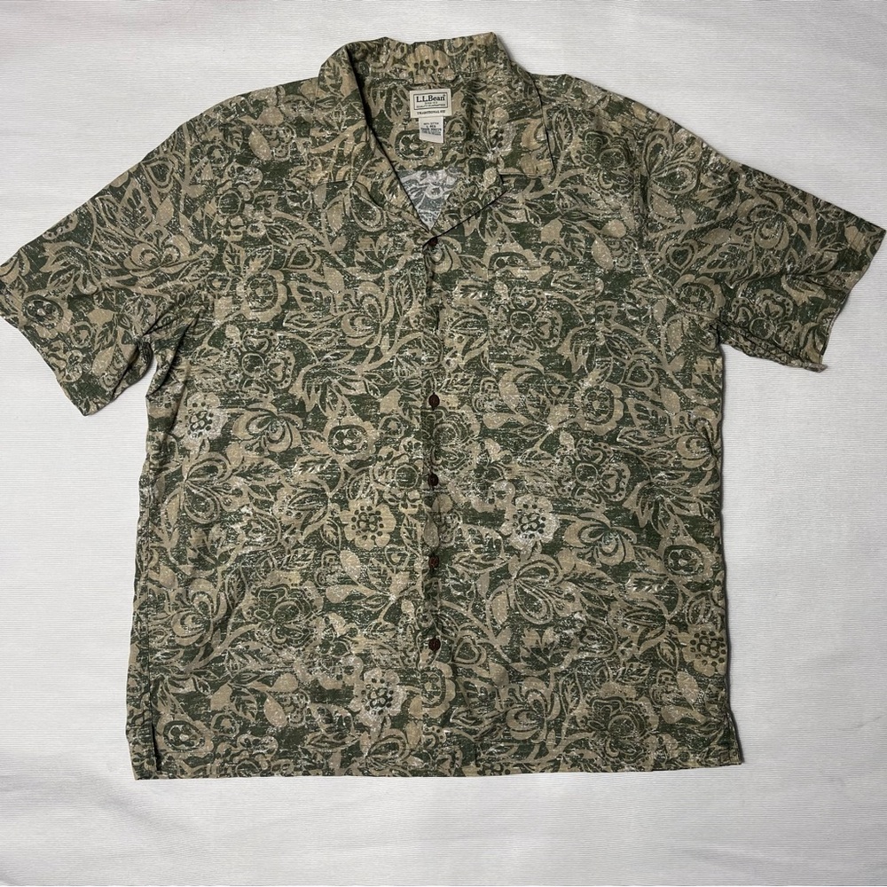 L.L.Bean Men Tropics Print Shirt Short-Sleeve Sz L.Khaki /Green color